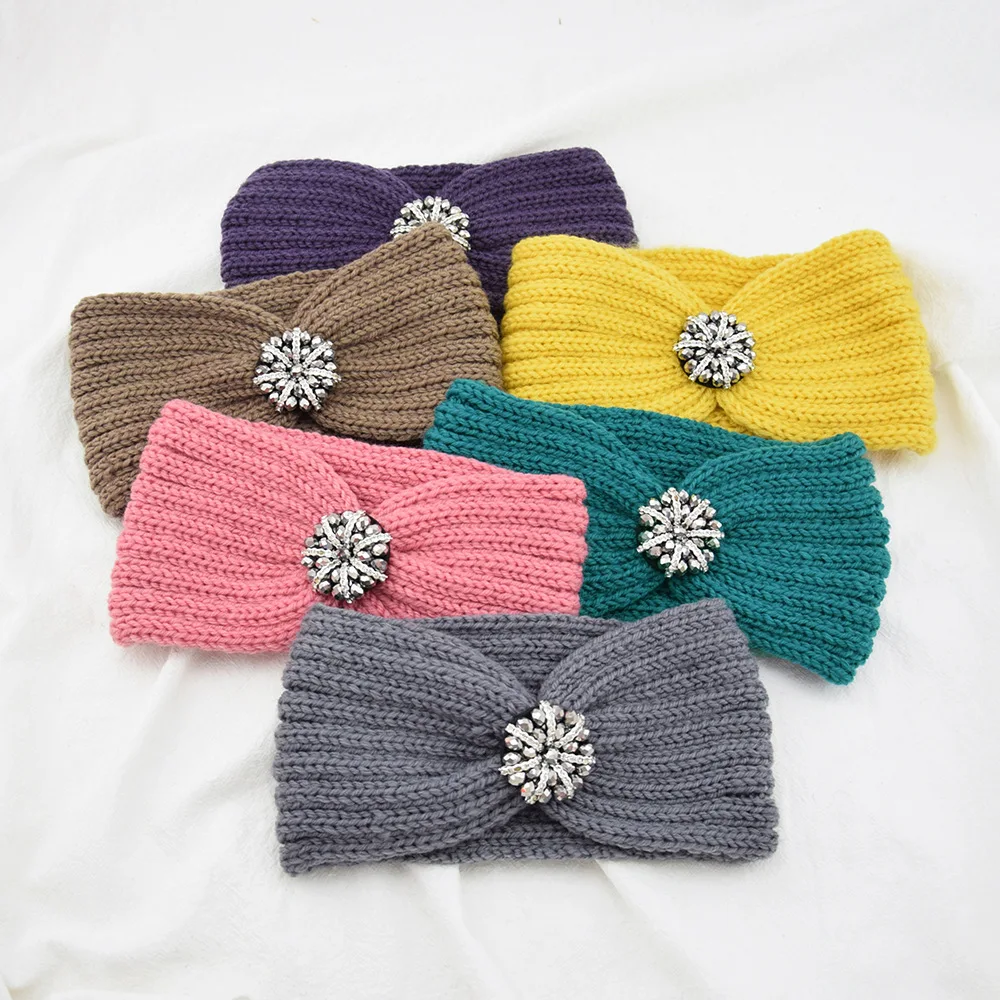 HZO-24045 Winter Wide Brim Elastic Wool Knitted Headbands Knot Diamond Crystal Flower Twist Crochet Hair Band For Women Turban