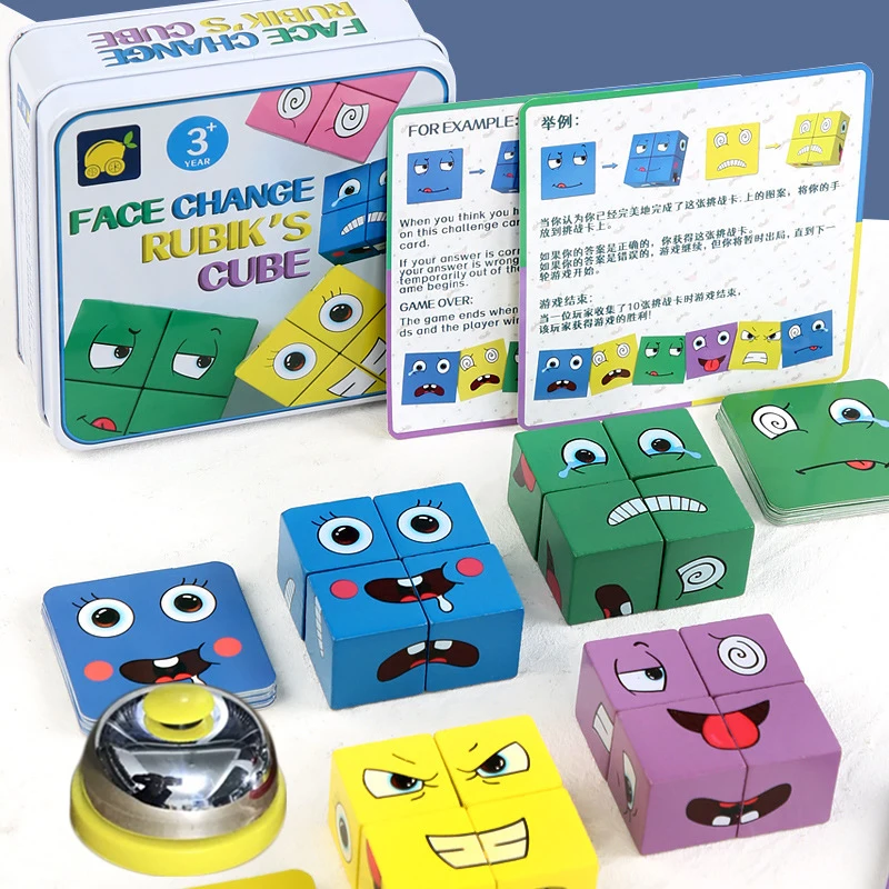 Educational Wooden Expressions Matching Puzzle Face-Changing Magic Cube Building Blocks Game Thinking Training Brain Toy w/ Bell