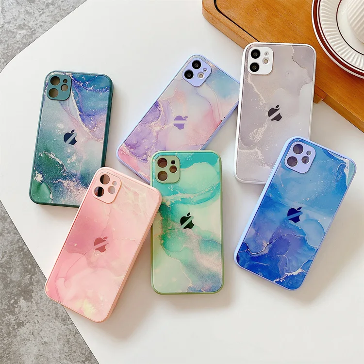 luxury Original Watercolor Marble Tempered Glass Phone case Back Cover For iPhone 7 8 Plus Xr Xs Max 11 12 13 Pro Max