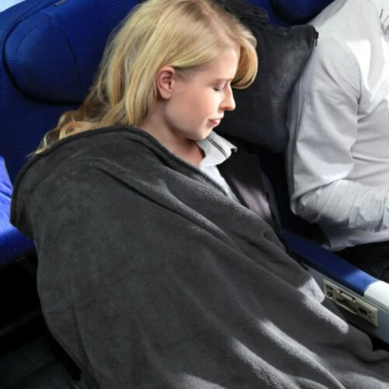 CVS BSCI All Season Lightweight Warm Fuzzy 4 in 1 potable folding Flannel Fleece Airplane Travel Pillow and Blanket In Pouch