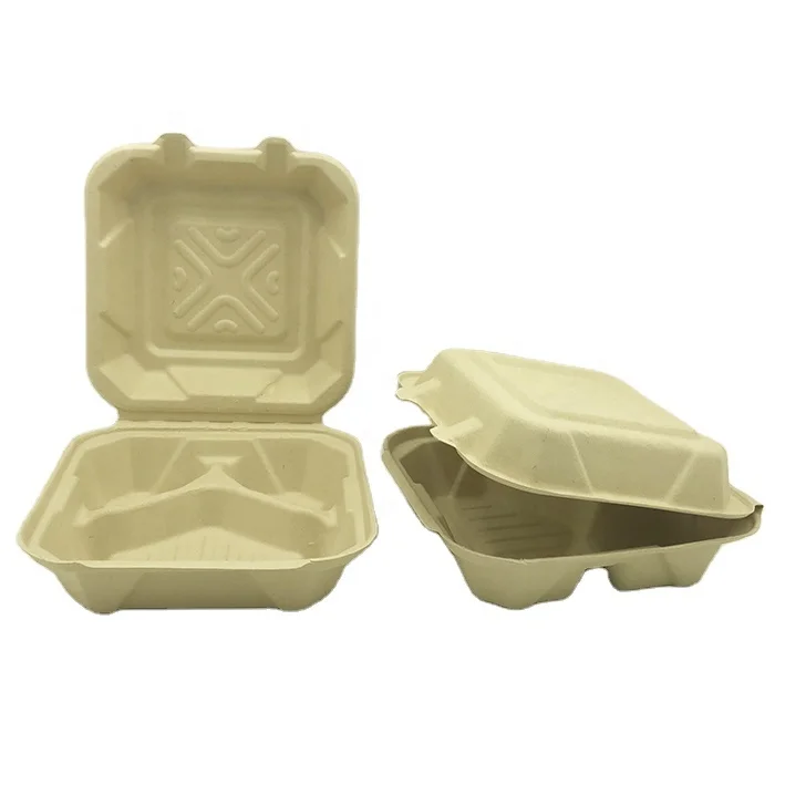 8' Disposable Takeaway Bagasse Compostable Tableware Food Packaging Sugarcane Biodegradable Clamshell Container