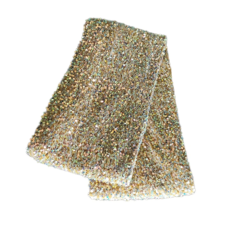 Hot Sale French Nigerian Elastic Sparkly Glitter Heavy Embroidery 5mm Khaki Sequin Velvet Lace Fabric For Tablecloth Decoration