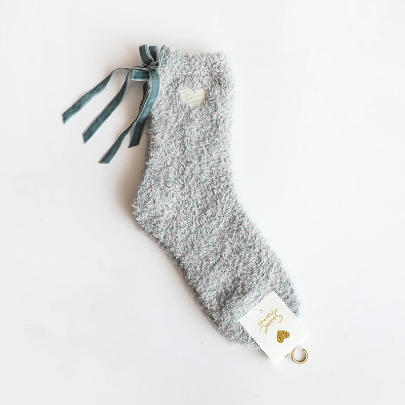 Winter Sweet Heart Embroidered Warm Thick Sleeping Soft Cozy Feather Yarn Floor Women Socks