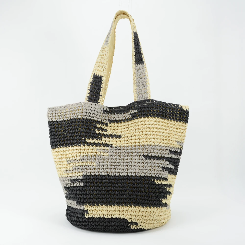 Women Handmade Crocheted Colorful Paper Straw Woven Raffia Tote Bag for Summer Beach Designer Bucket Handbag
