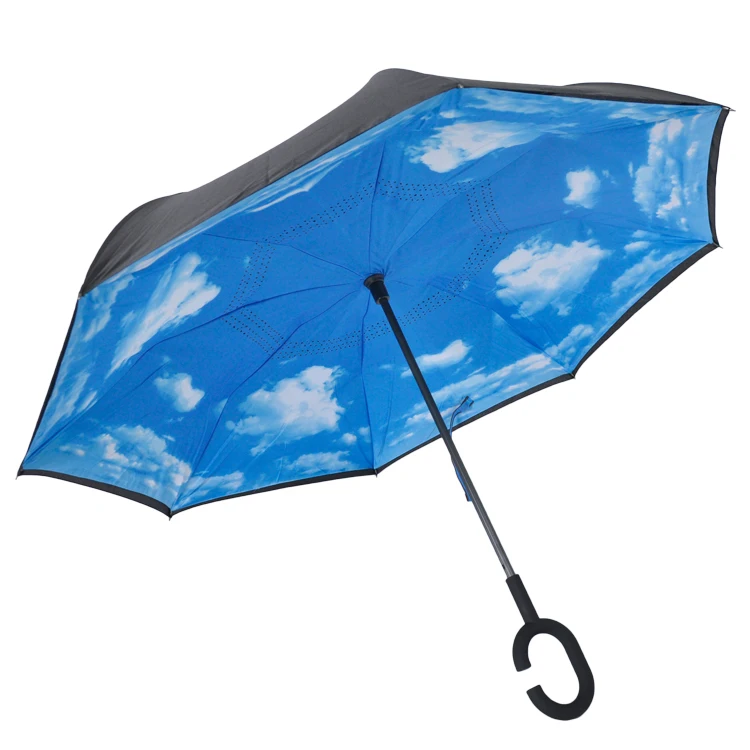 Wholesale Cheap Inverted Reverse Umbrellas Upside Down semi Auto Straight magic Umbrella Available Outdoor  With C Handle