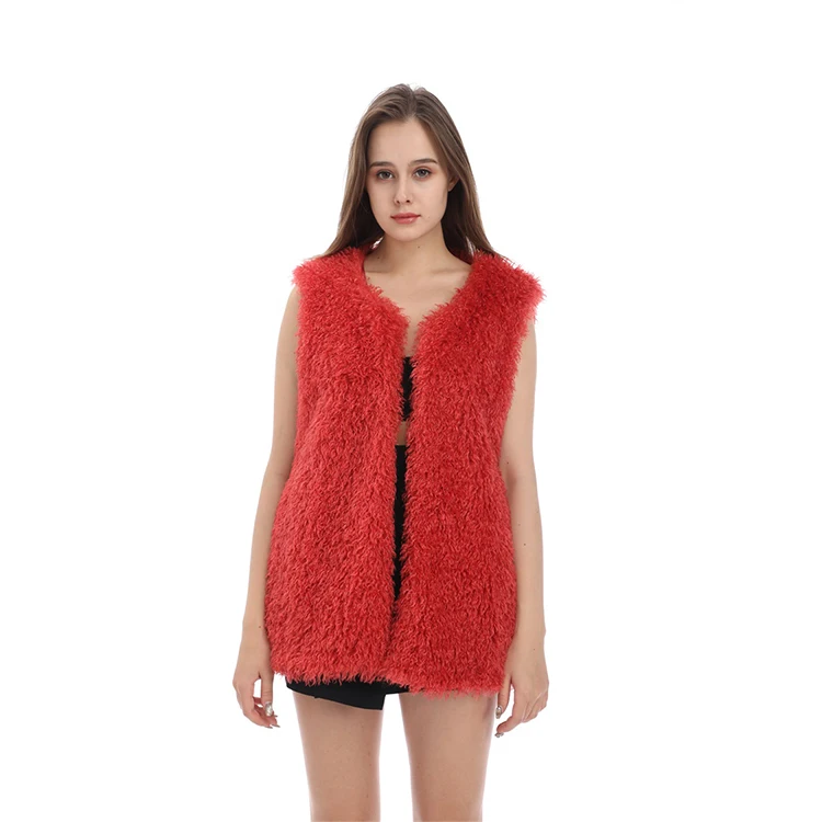 
High Quality Winter Warm Coat Wool Roll V Neck Women Faux Fur Vest For Ladies 