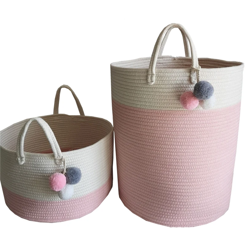 Multi color Cotton Rope Thread Basket Woven Laundry Baskets with Handles with pompoms for cloth toys