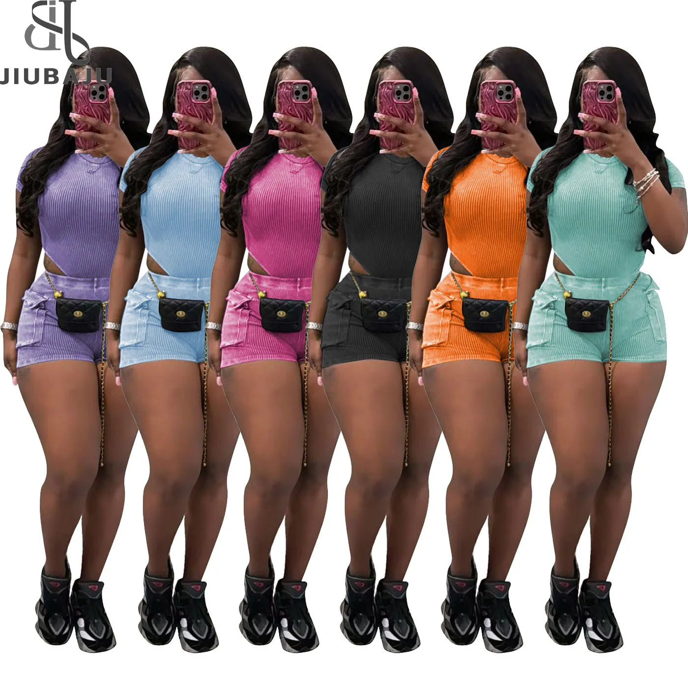 2024 Summer Washed Solid Color Women Jumpsuit + Pockets Mini Short Fashion Casual 2 Piece Set