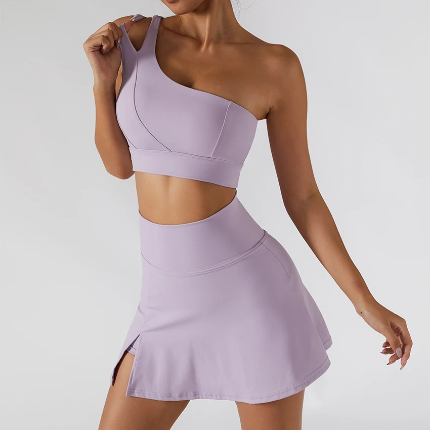 New Oblique One Shoulder Strap Women Sports Bra Hollow out Back Lines Strenuous Exercise Fitness Vest Yoga Bra Top skirts set