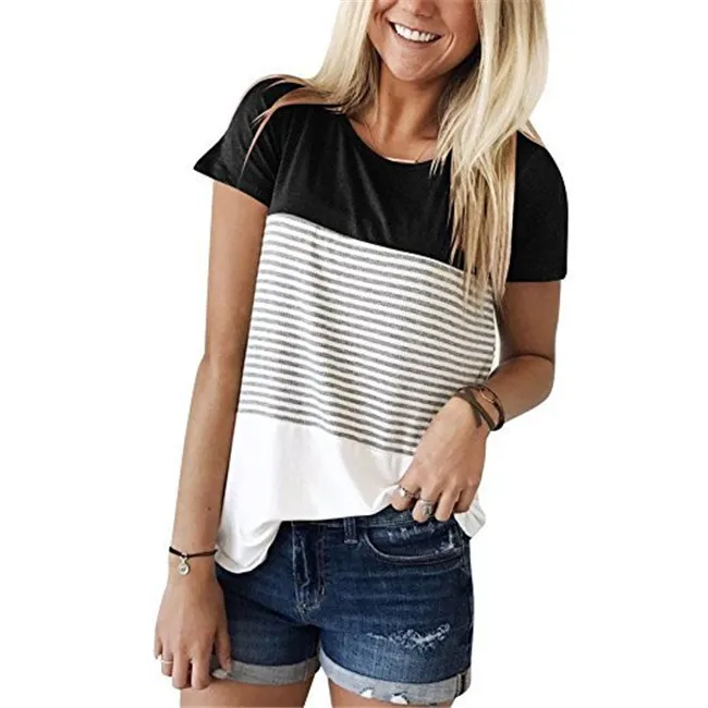 
2021Arrival Summer Custom Striped Short Sleeve Plain Cotton Tee 100%Cotton Tops Casual Round Neck Basic Camisetas Mujer T-Shirt 