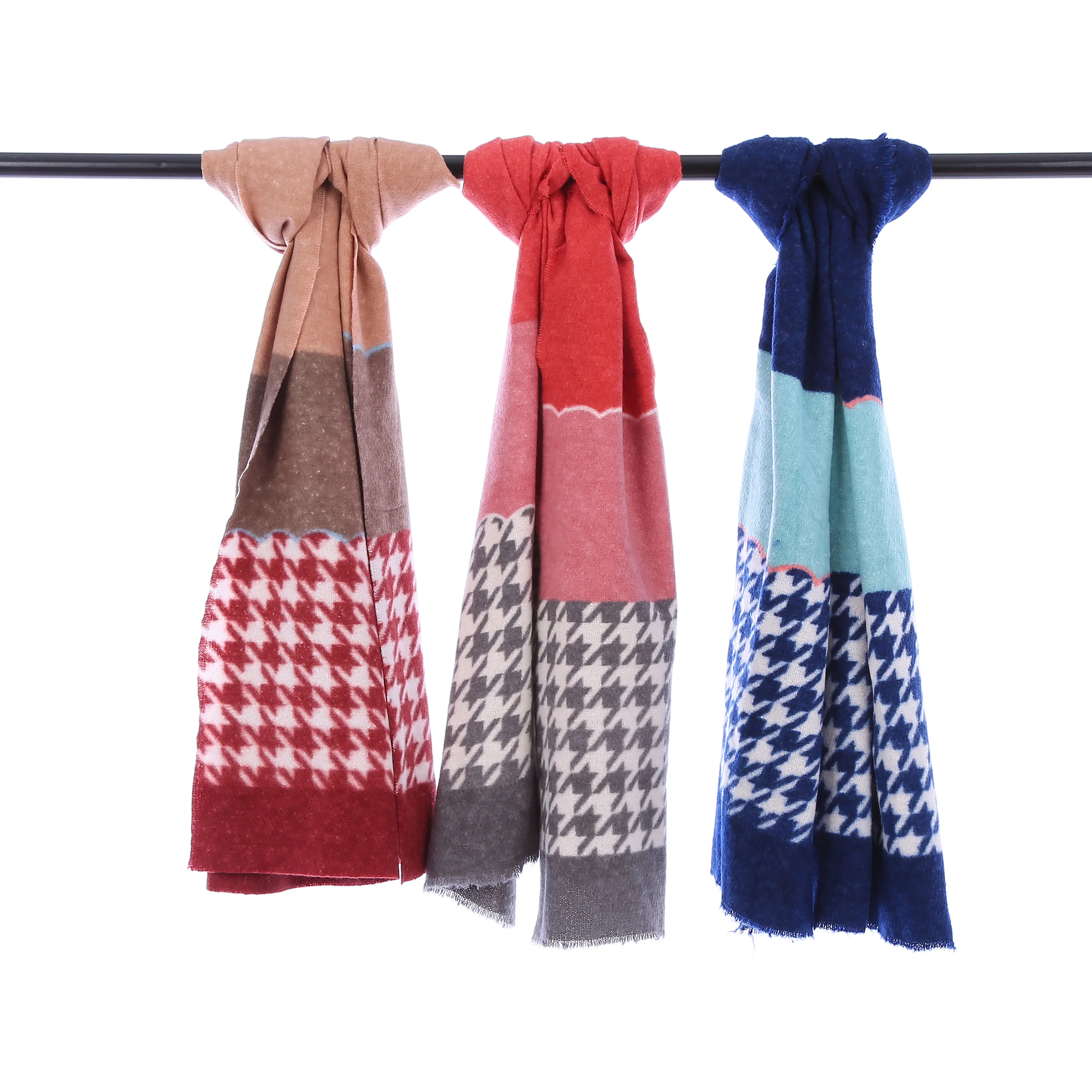 Printed Scarf For Women 2022 Spring Woven Jacquard Hounthstooth Pattern Color Blocks Other Scarves & Shawls Wrap With Raw Edge