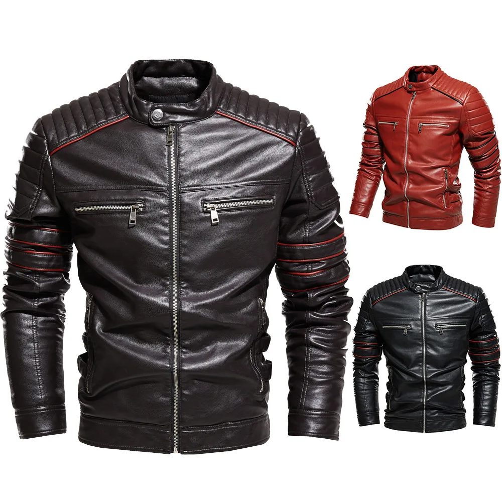 Mens Standing Collar Slim Leather Jacket Locomotive PU Jacket man leather jacket