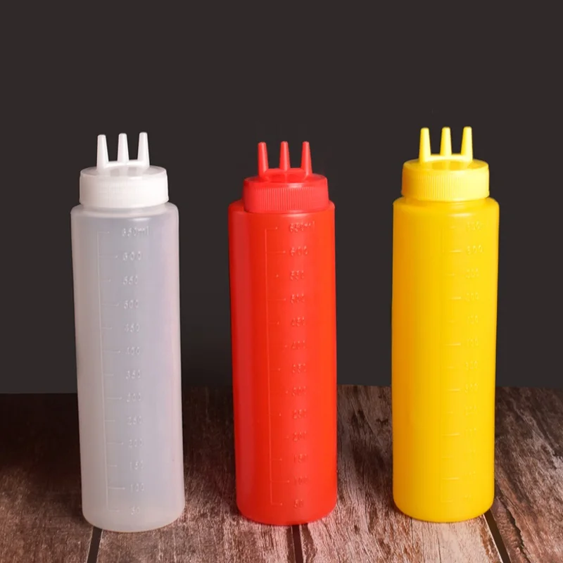 Leakproof Ketchup Mustard 3 Holes Condiment Bottles With Scale Mark Accessories Kitchen Plastic Hot Sauce Squeeze Bottle