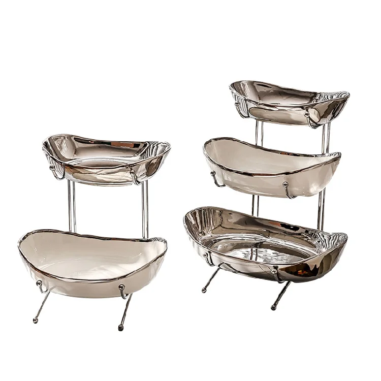 Luxury Ceramic Fruit Plate with Multiple Layers for Hotel paty Use Fruit Tray with  Aesthetics Electroplated Craft Dessert Plate