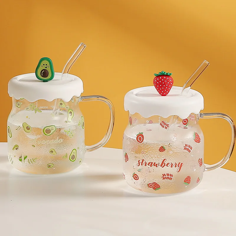 Wholesale Creative Glass Mugs Cute Fruit Glass Water Cup With Straw and Lid
