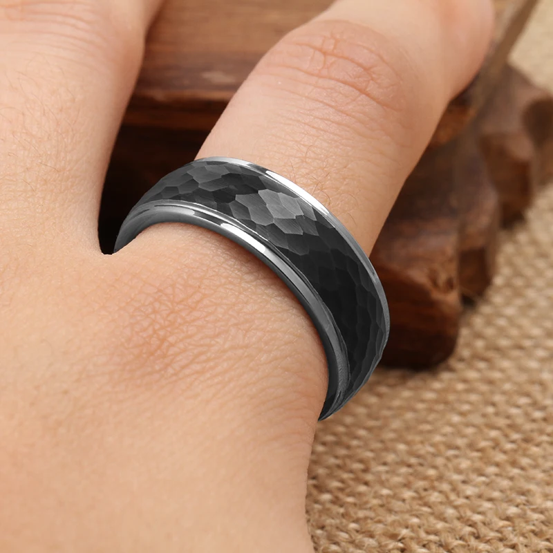 8MM Black Hammered Center Silver Tungsten Carbide Ring with Stepped Edges Titanium Bands