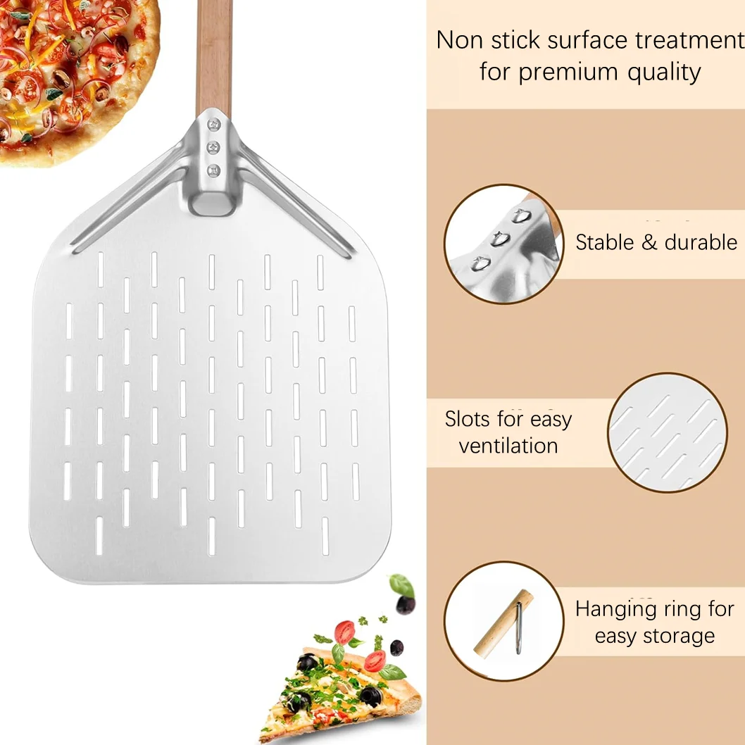 Premium 12 inch Lightweight Perforated Metal Anodized Aluminum Pizza Peel Shovel with Wood Handle Perfect for Homemade Pizza