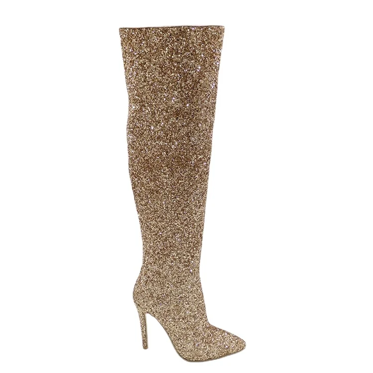 Customized Stiletto Thigh High Glitter Gold Color Knee High 2021 Sequin Shimmer Crystal Ladies Knee High Clear Thigh Boots Shoes