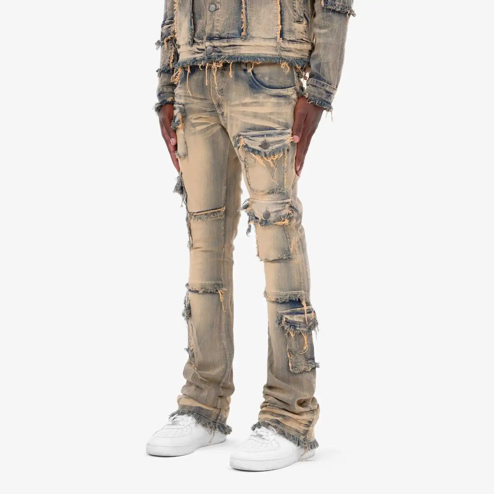 High Quality Distressed Vintage Acid Wash Raw Hem Super Cargo Pants Skinny Flare Stacked Slim Fit Jeans Men
