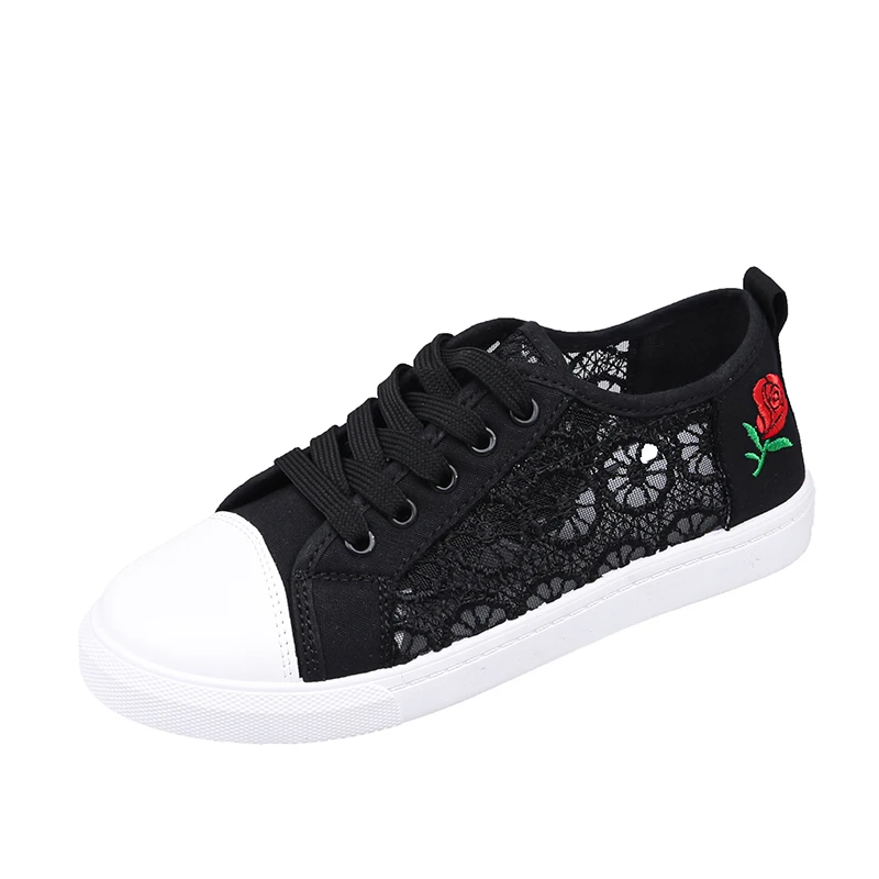 2020 new fashion flat bottom casual shoes breathable mesh rose embroidery sports shoes for women