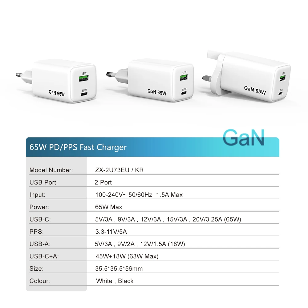 GaN PD 65W EU Multi-Port PD PPS QC Type-C Wall Phone Fast Charger for Laptop Tablet