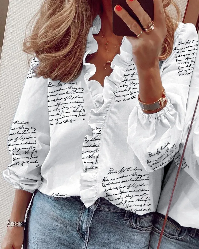 S-5XL Spring Summer Elegant Women Pullover V-neck Shirts Fashion New Ruffles Long Sleeve Tops Office Lady Vintage Blouse Shirt