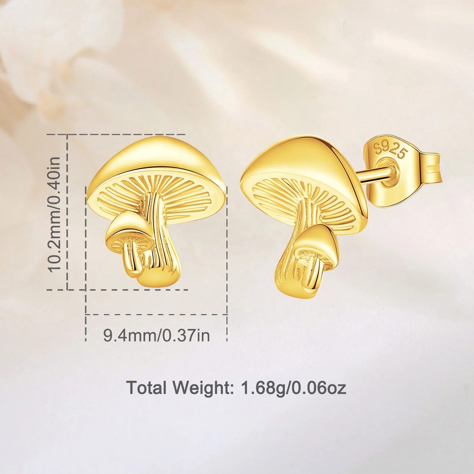 925 Sterling Silver 18K Gold Plated Jewelry Dainty Cute Fashionable Golden Small Mushroom Stud Earrings for Girls
