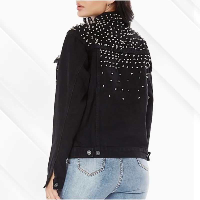 Fall Woman Black Denim Jackets Fashion Crop Rivet Jeans Jacket For Women