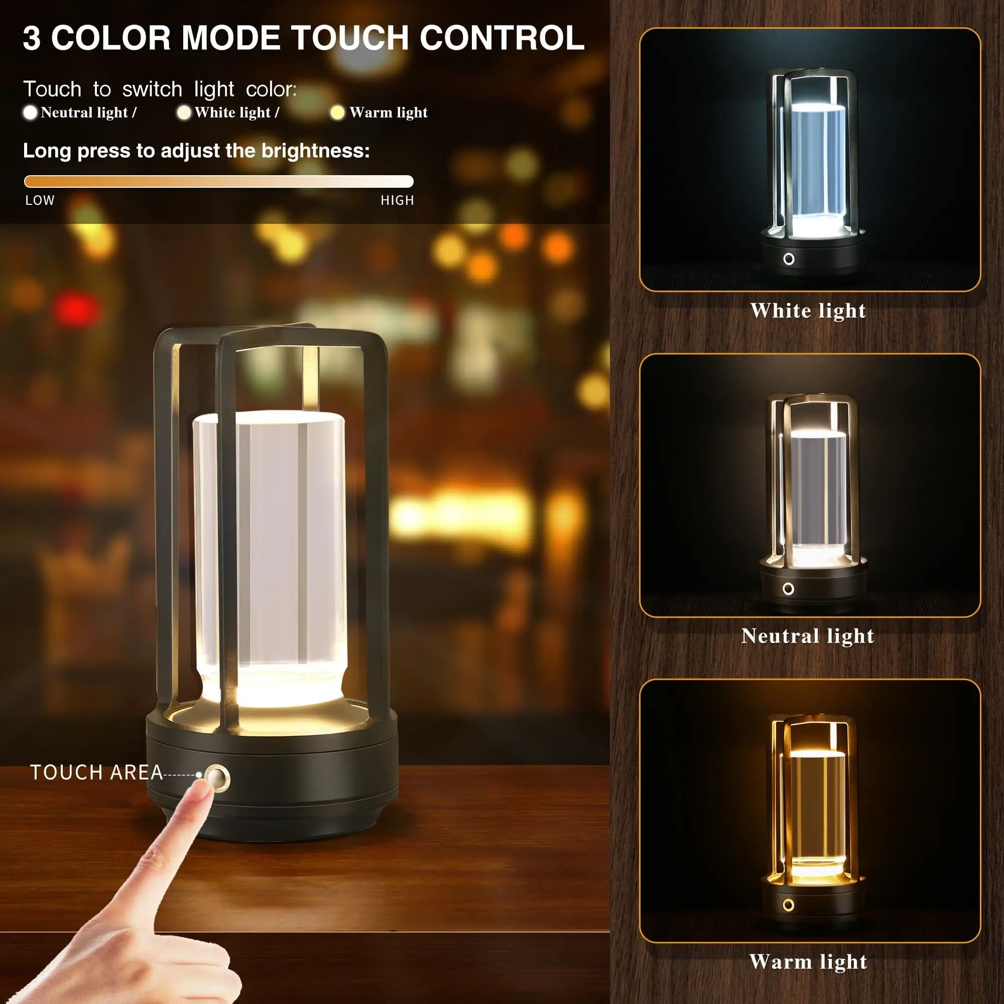 Cordless LED Table Lamp with Dimmer Built-in Rechargeable Battery 3-Level Brightness Patio Table Lamp