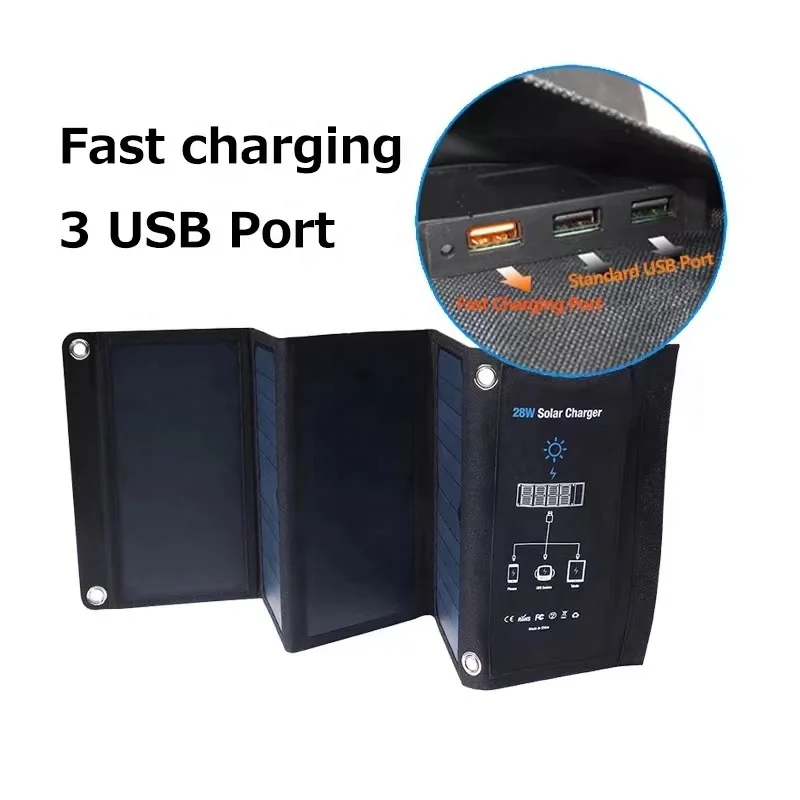 Portable solar panel foldable 28w 3 USB Ports charger DC port Polycrystalline Silicon waterproof and camping solar panel