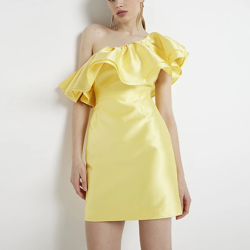 Fashion Yellow Frill Asymmetric Bodycon One Shoulder Evening Sexy Mature elegant Mini Dress