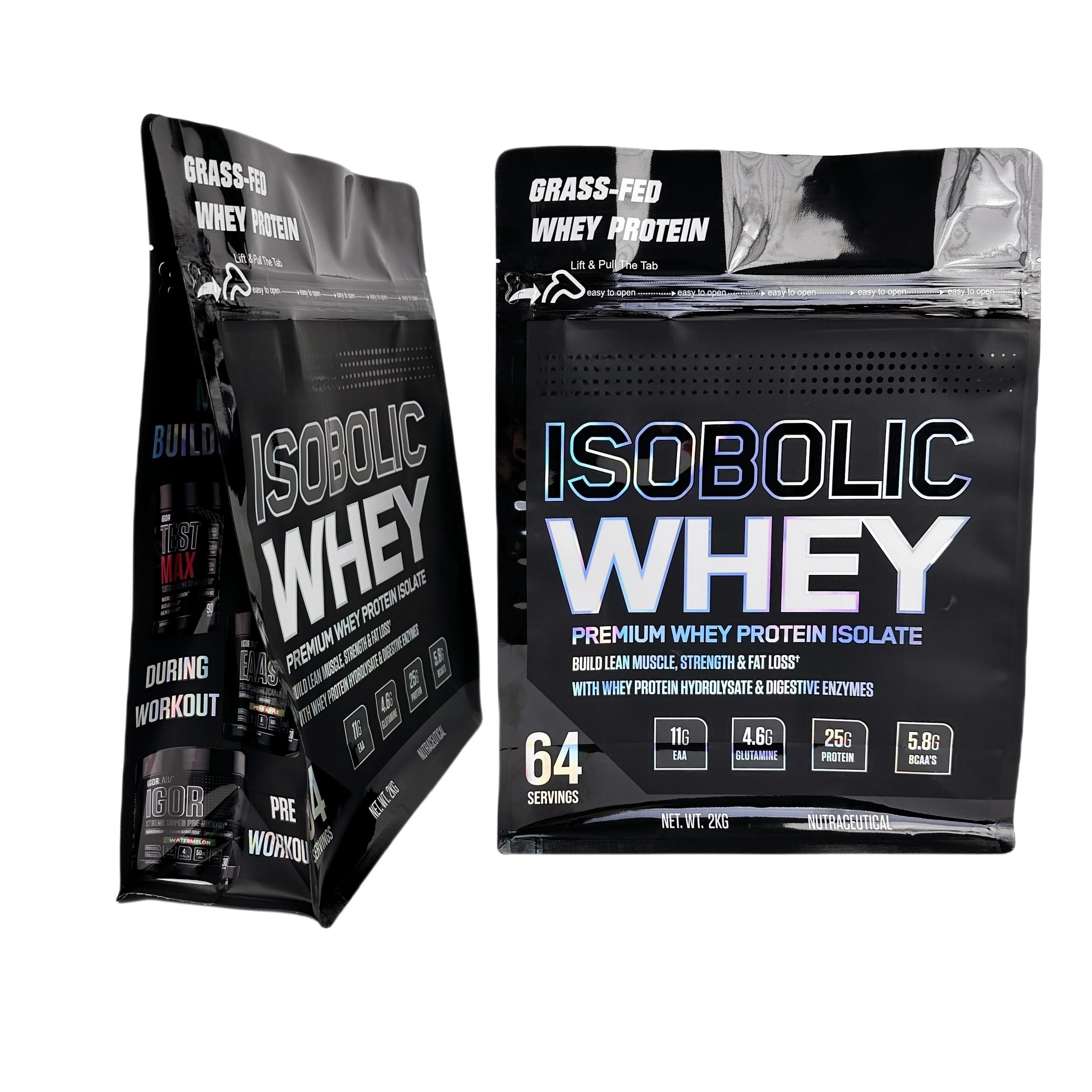 Custom Printed 2.5kg Flat Bottom Mylar Foil Plastic zip bag Whey sachet Protein doypack pouch Powder Packaging Bag With Zipper