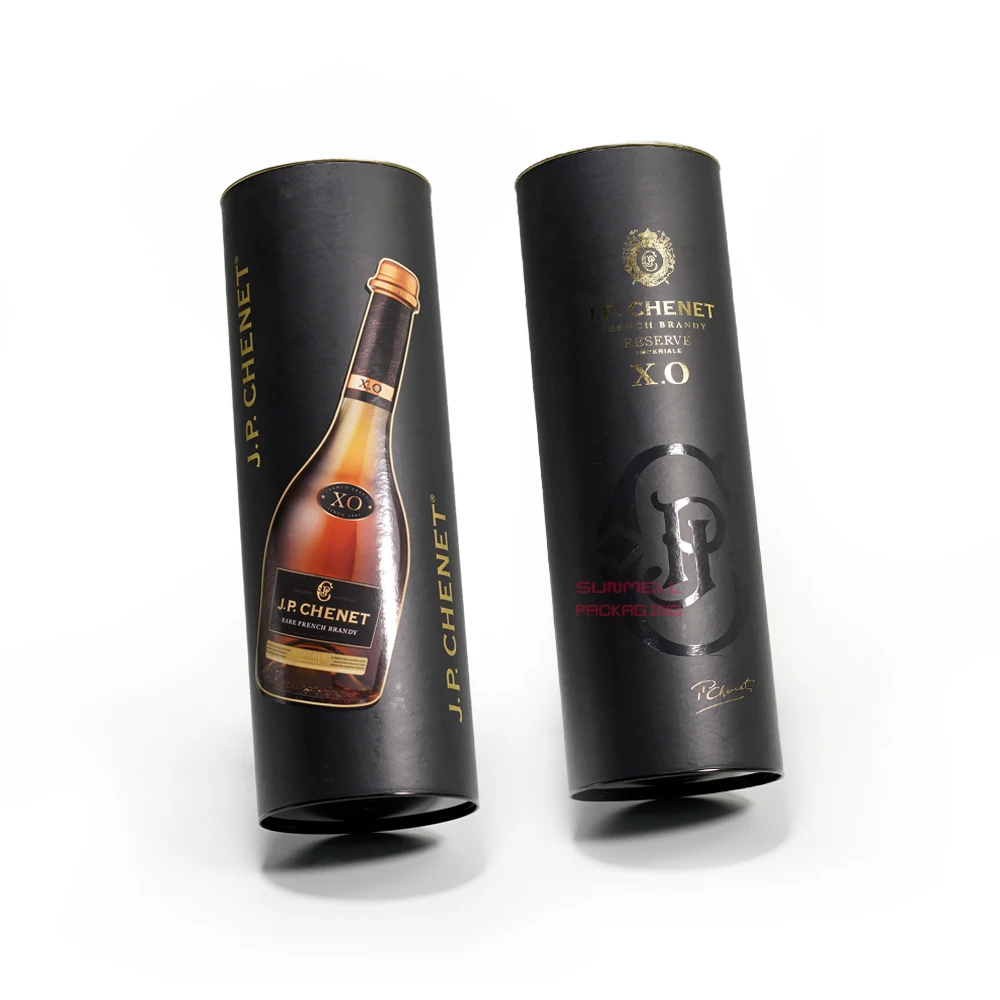 Custom Printed Cylindrical Round Cardboard Spirit Box Whiskey Tube Packaging With Metal Top Wine Gift Bottle Packaging
