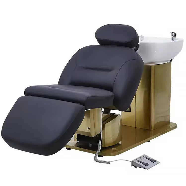 Modern high end reclining shampoo chair electric adjustable gold stainless steel beauty salon head wash chair for barbershop
