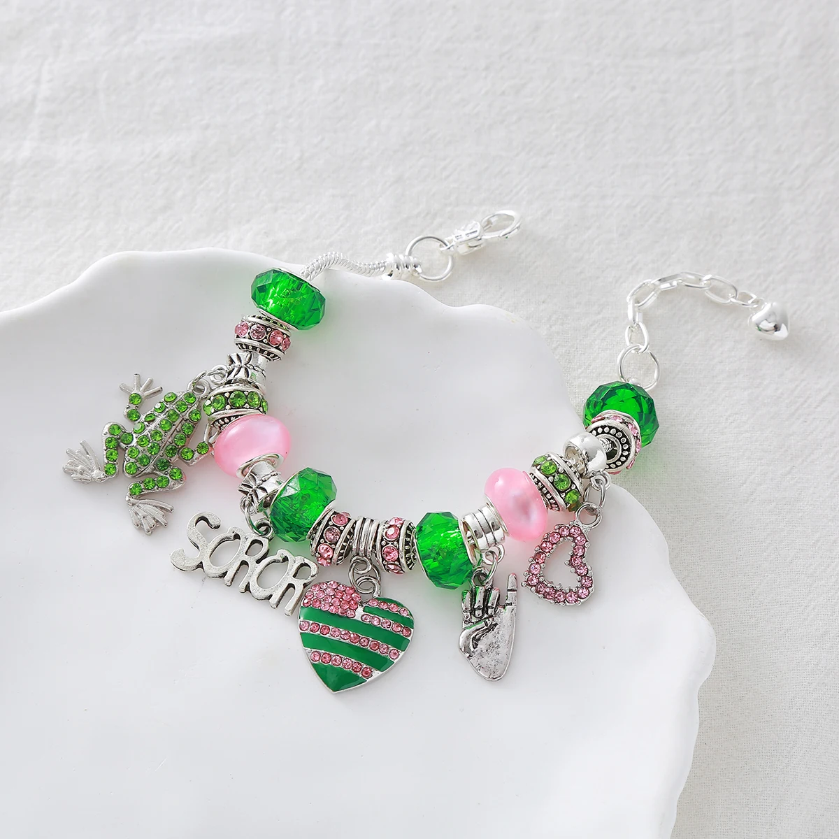 Factory Directly Sale Fancy Designer Sorority Alpha Inspired Charms Pink And Green Beads Making Fashion IVY Sorority Bracelet