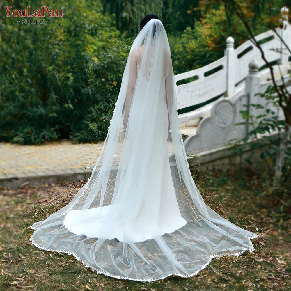 YouLaPan V142 White Ivory Single Layer Thin Scallop Leaves Applique Trim Veil Cathedral Wedding Bridal Veil