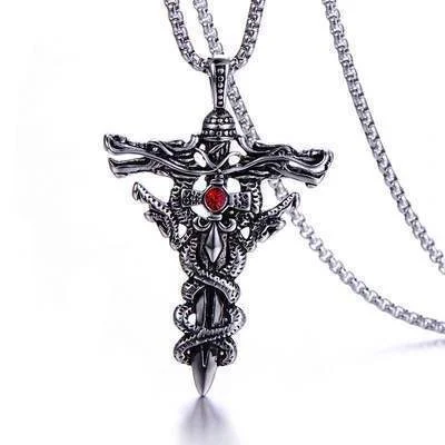 Creative Double Dragons Sword Pendant Necklace for Men Antique Silver Cross  Titanium Steel Necklaces Party Jewelry