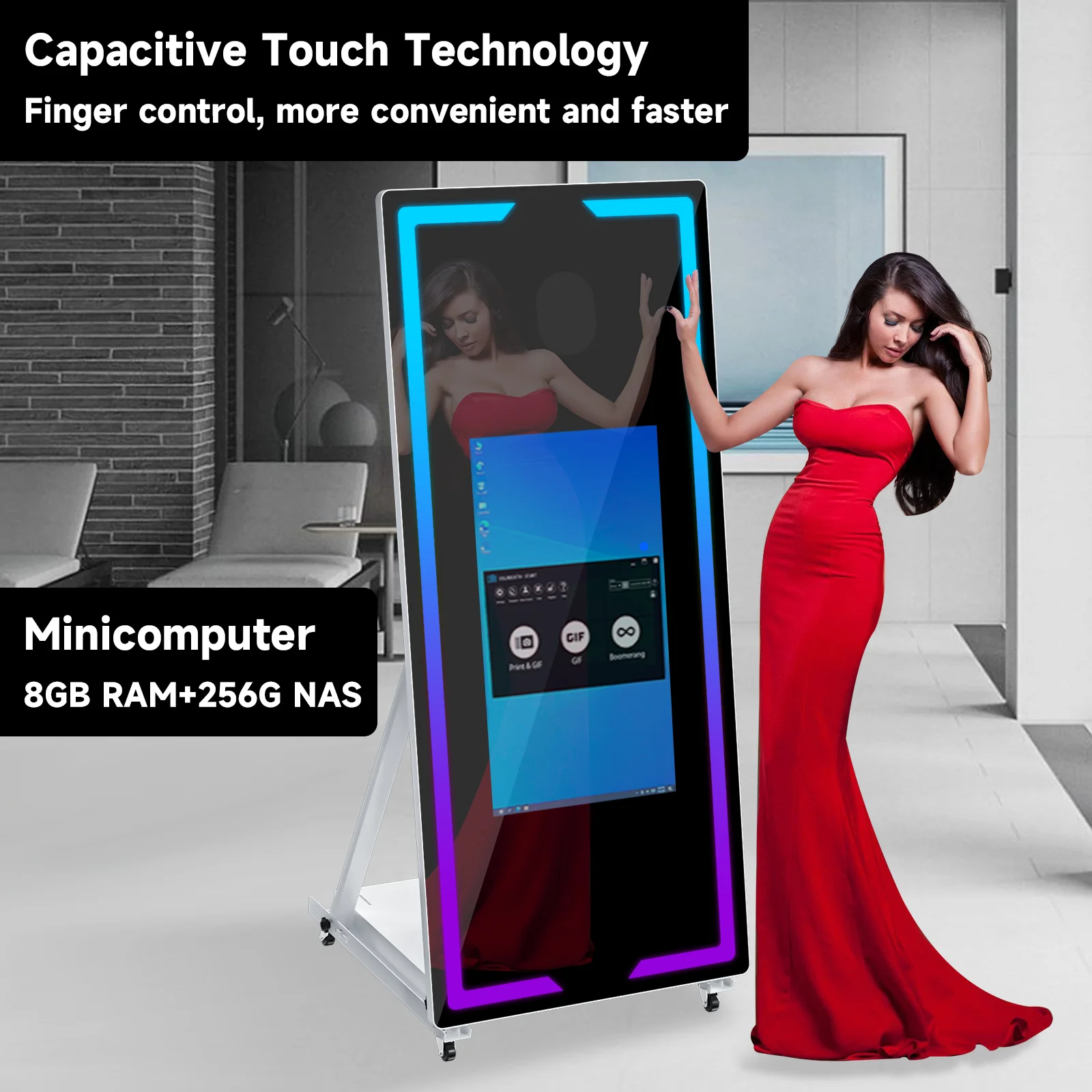 Led metal frame selfie 45/65inch flash light magic mirror photo booth touch screen machine with camera and printer for event