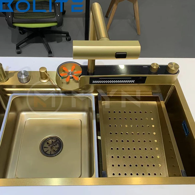 Waterfall Style Kitchen Sink Gold 304 Stainless Steel Modern Multifunctional Large Kitchen Sink