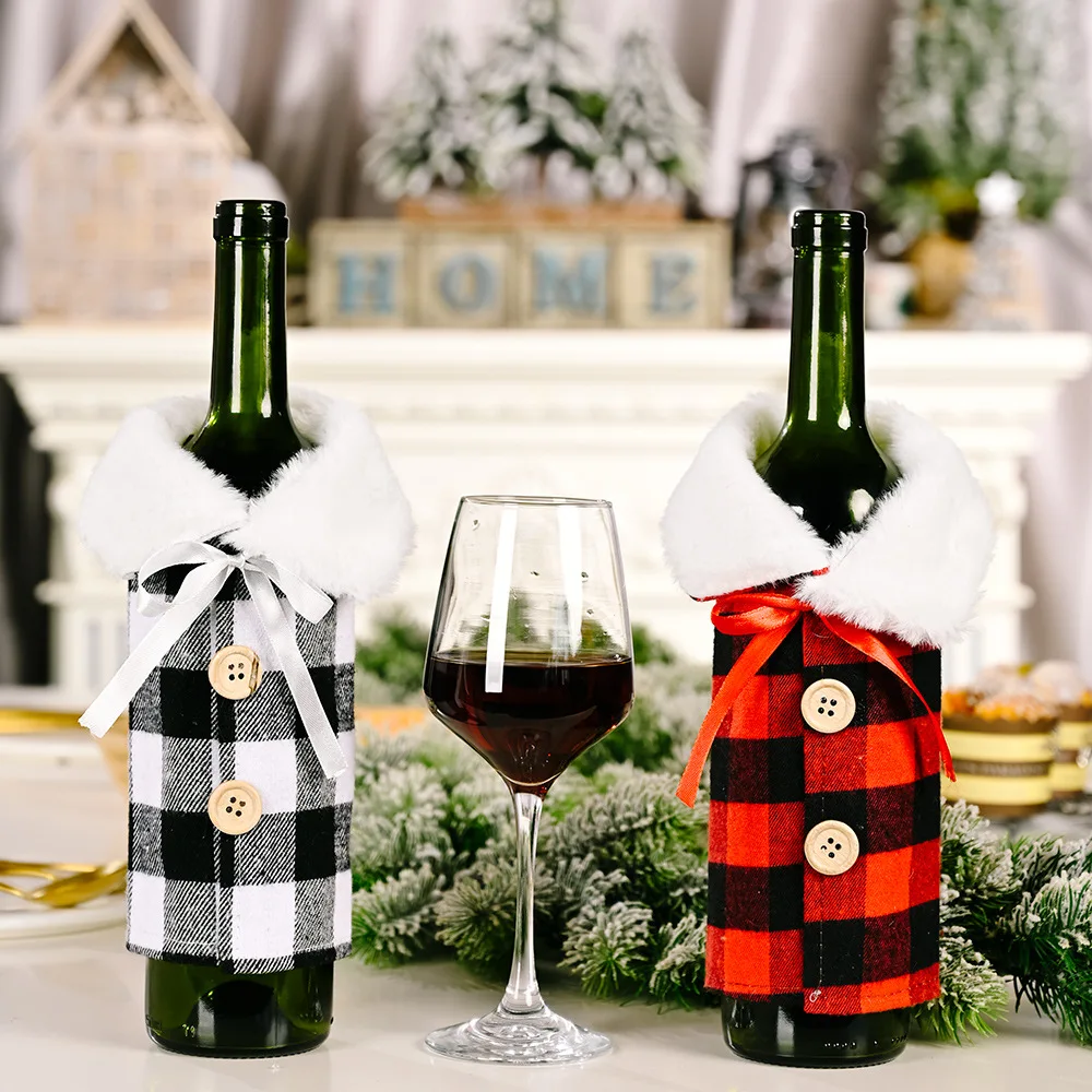 New Christmas Wine Bottle Decoration Lapel Plaid Wine Bottle Sleeve Holiday Party Table Decoration Wine Bottle Sleeve