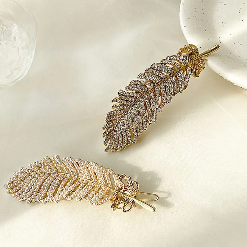 2021 fashion pearl crystal feather hair clip rhinestone girls
