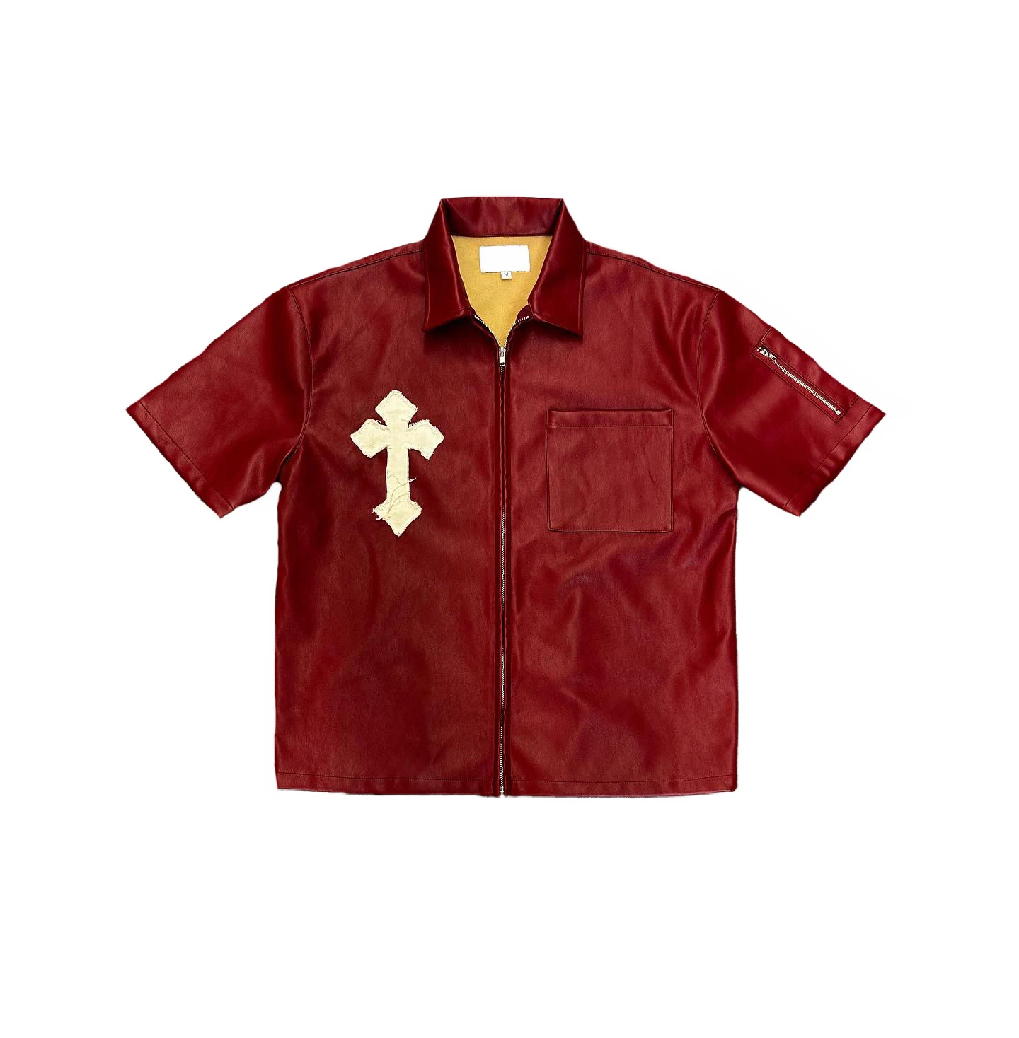 Custom Patch Oversized Short Sleeve Collar Zip Up  Applique Embroidery  With Logo Vintage Boxy Leather T Shirt