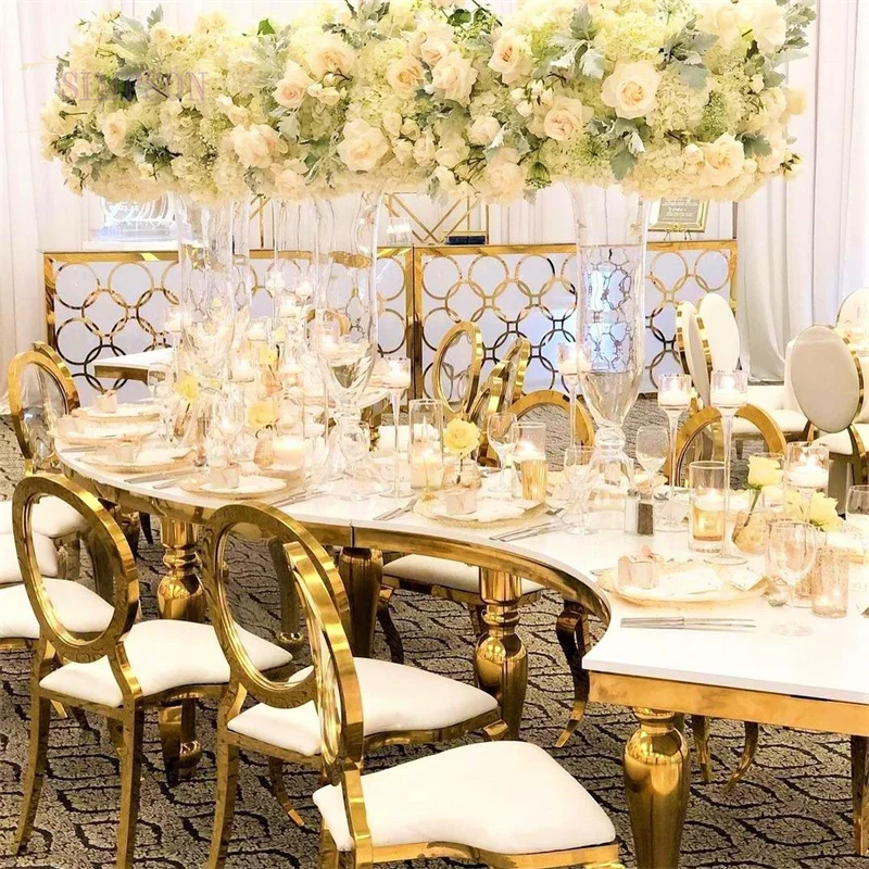 Golden and White MDF S shape wedding table chairs and tables for events wedding
