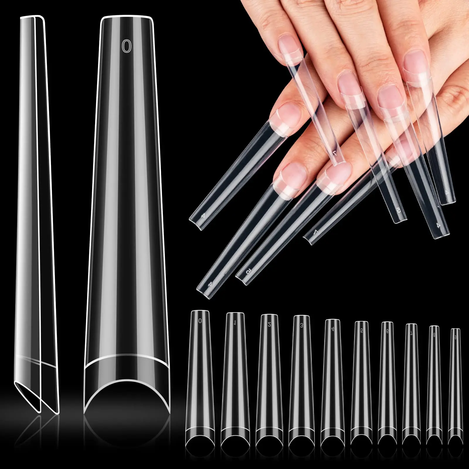 600 pieces 3XL extra long no-curve coffin false nail tip,transparent 10 sizes, XXXL extra long ballet dancer half set false nail