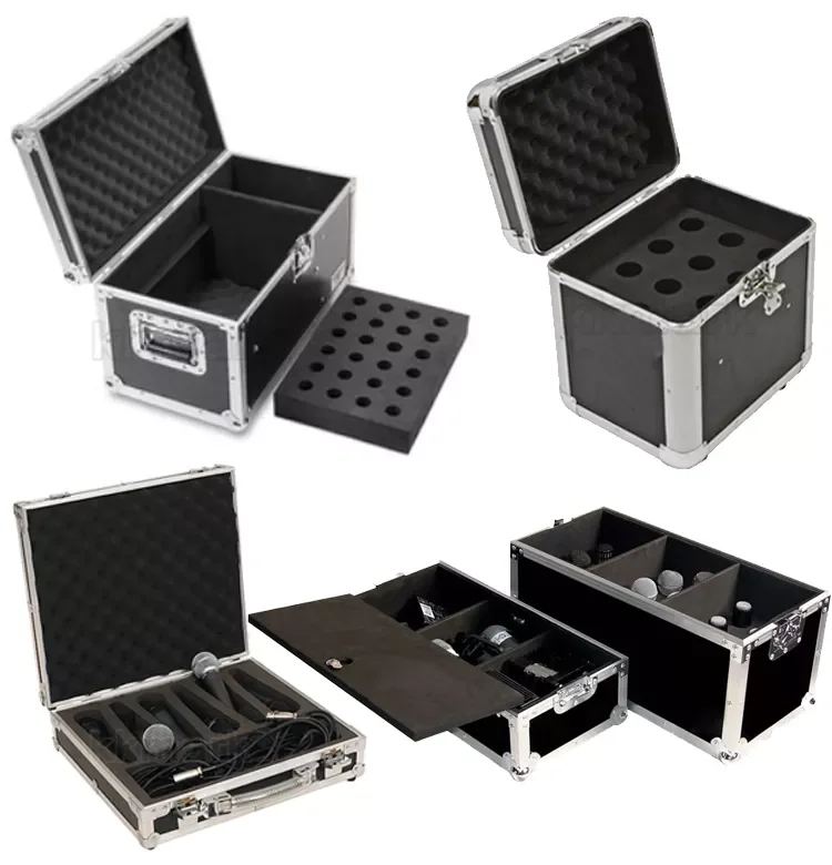 20unit 16unit sound waves enterprises boom mic stand microphone road case with castors&stacked acrylic stowage tubes