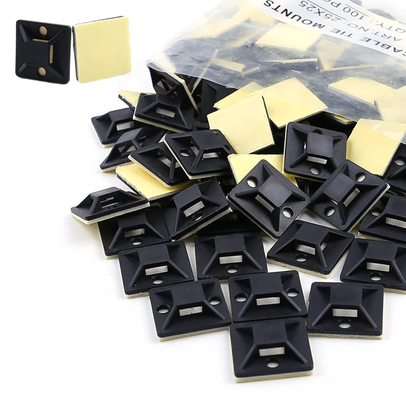 25*25mm Black PE PA66 100PCS 1in Self Adhesive Cable Clamp Zip Tie Holder Nylon Screw Fixing Cable Tie Mount Base