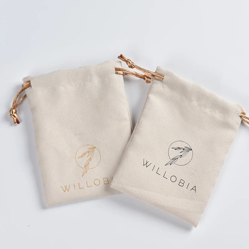 luxury faux suede jewelry drawstring pouch bag with gold logo printed