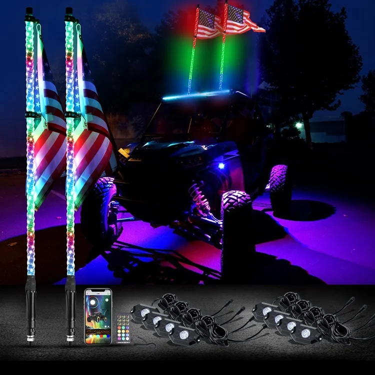 300 Patterns Pair LED Buggy Whip And LED Rock Light Dancing Color By APP and Remote Control For ATV UTV Offroad Accessories