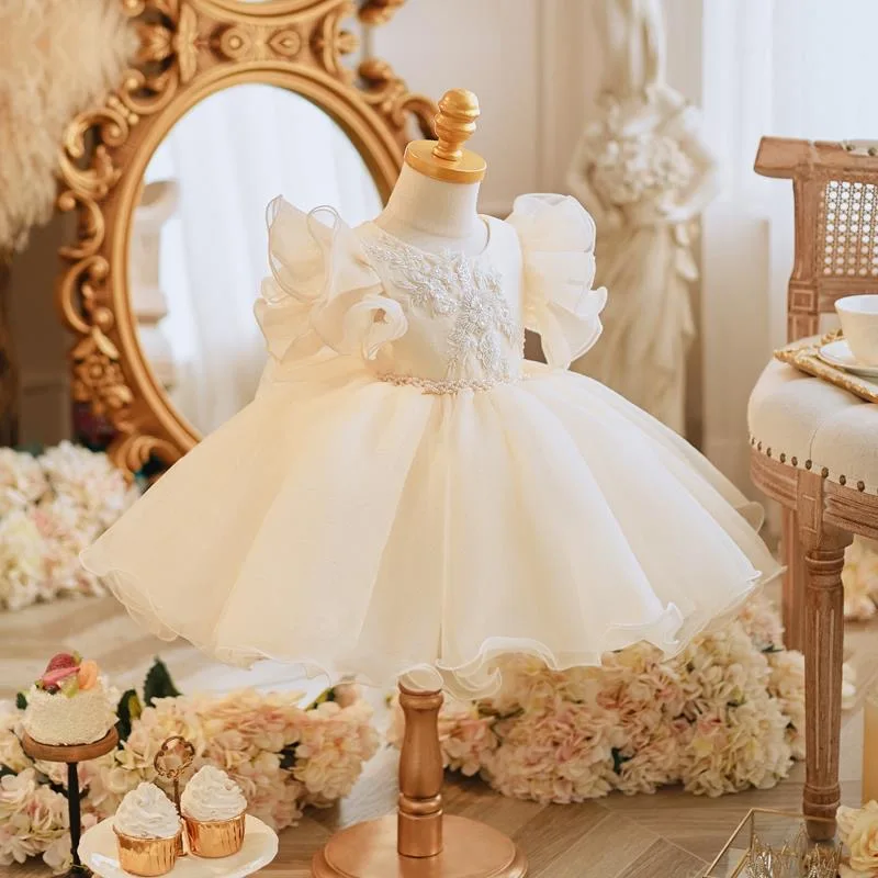 Boutique Fall White Bow Embroidery Satin Kids Communion Frock Flower Girls Dresses Baby Birthday Party Gown Children Clothing