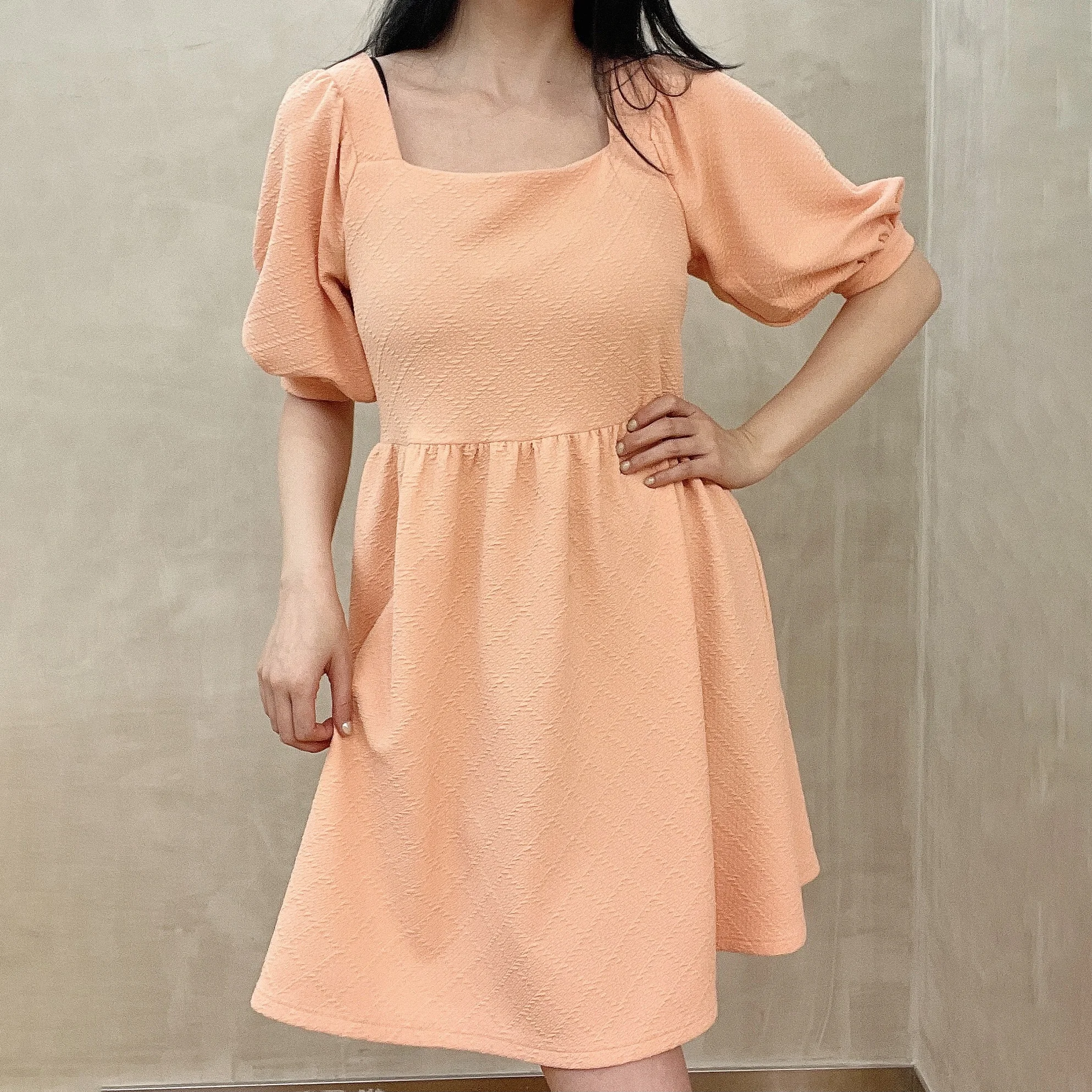 
Korean style alibaba online shopping square neck puff short sleeve summer women pure casual dresses 